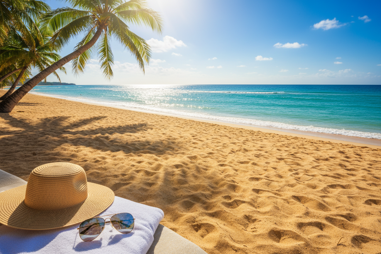 A view over a beach in sunny weather that promots usage of sunglasses